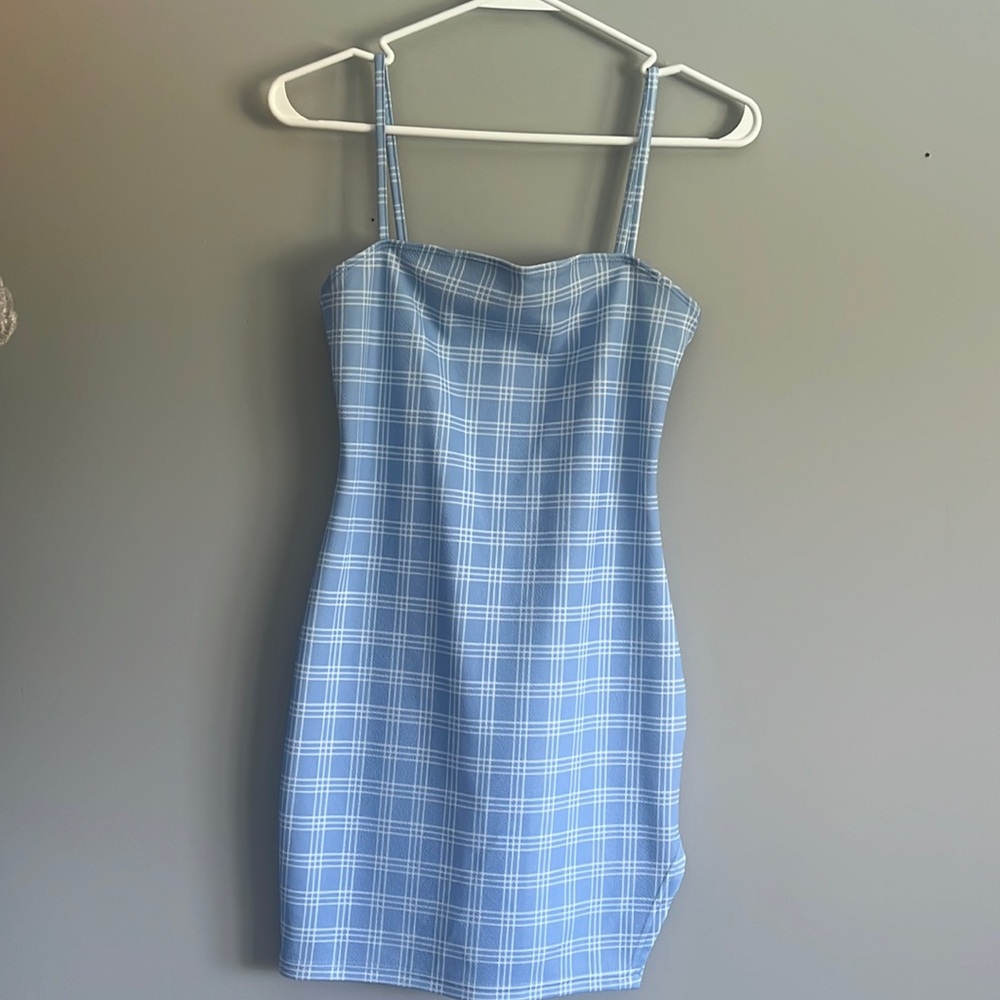 White and blue checkered mini dress